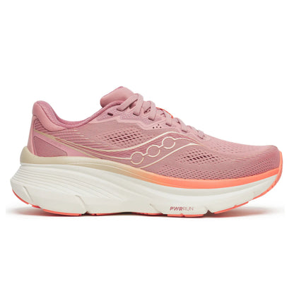Pink Saucony running shoe with white sole on a white background