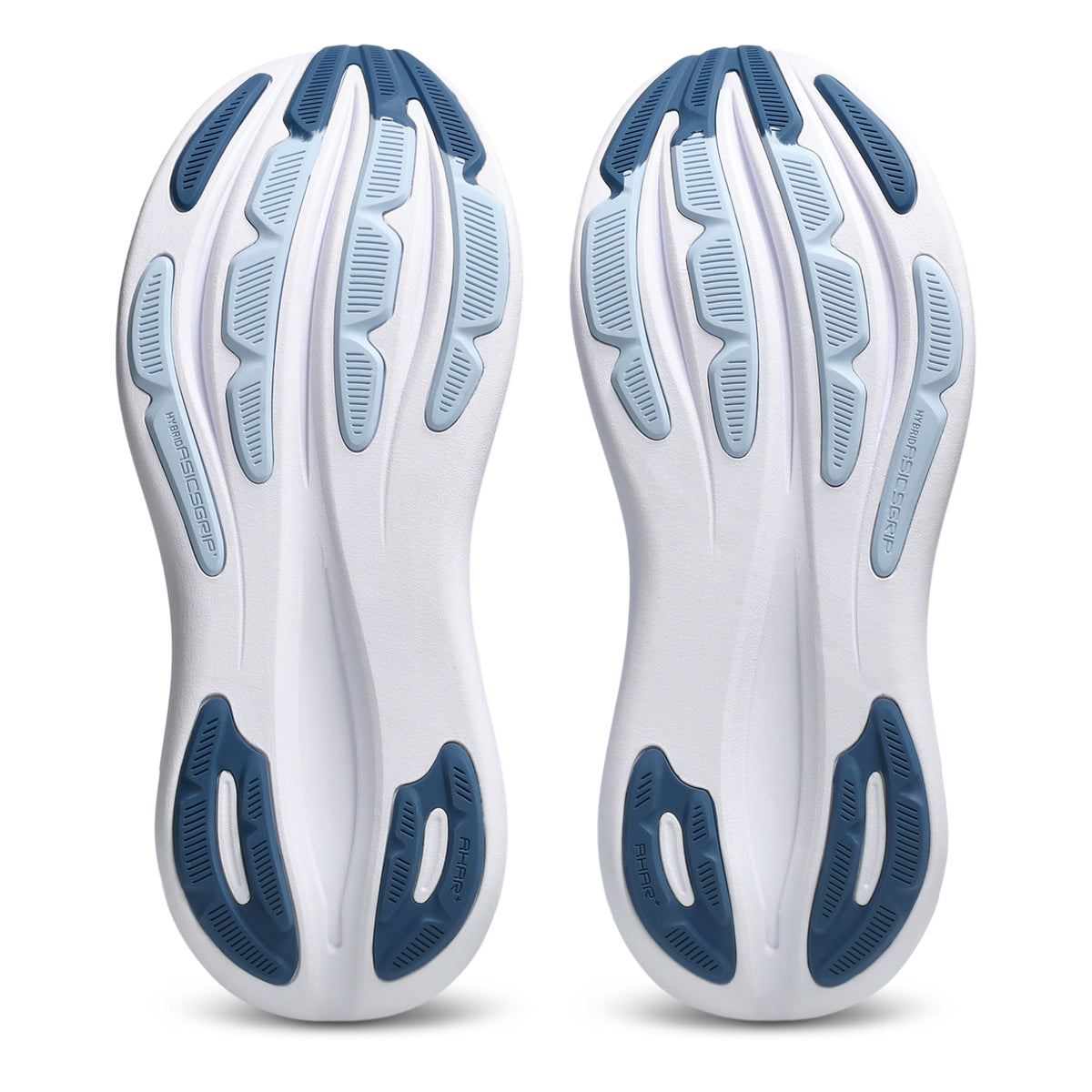 A pair of Asics running shoes shown from the sole view, featuring a white midsole with blue and light blue textured grip patterns.