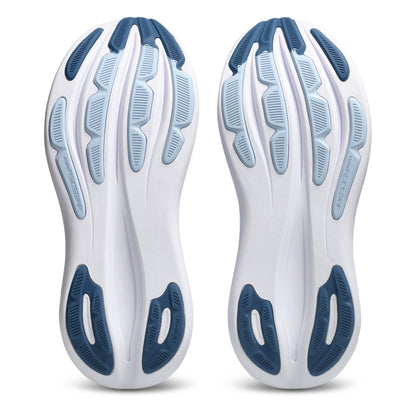 A pair of Asics running shoes shown from the sole view, featuring a white midsole with blue and light blue textured grip patterns.