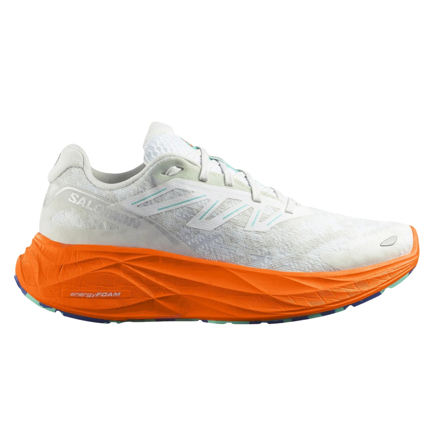 Salomon white running shoe with orange sole on a white background