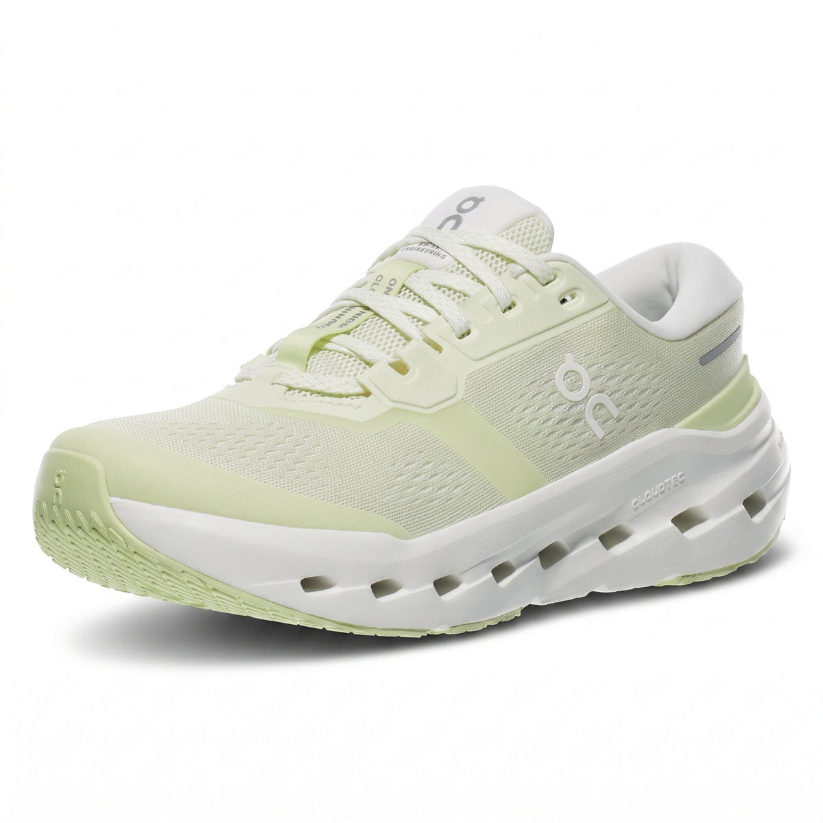 A single On running shoe in a pale mint green and white colorway, shown from a three-quarters angle on a clean white background.
