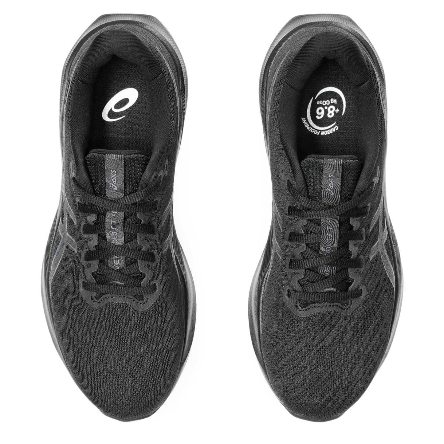 Black Asics running shoes with brand logo on a white background