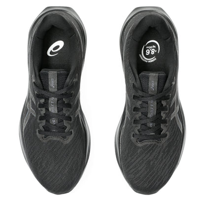 Black Asics running shoes with brand logo on a white background