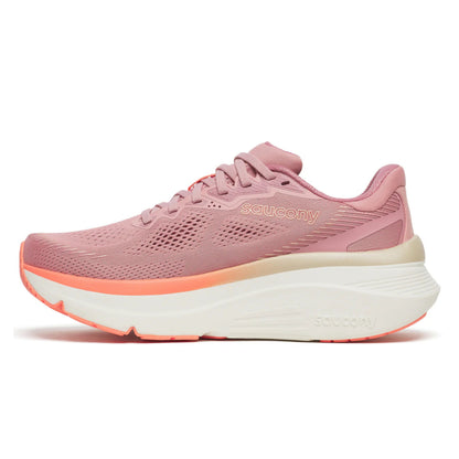 Pink Saucony running shoe with white sole on a white background
