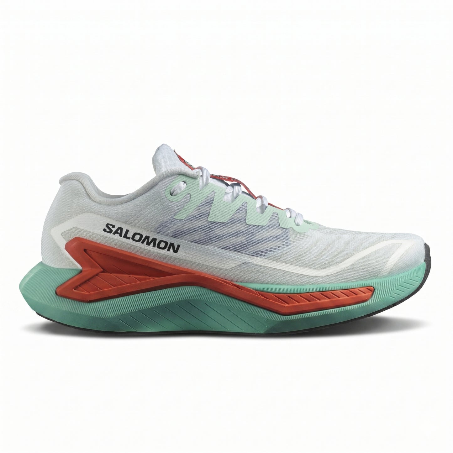 Salomon running shoe with white, green, and orange design on a white background