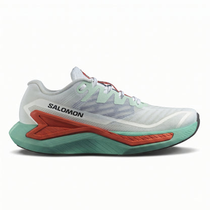 Salomon running shoe with white, green, and orange design on a white background
