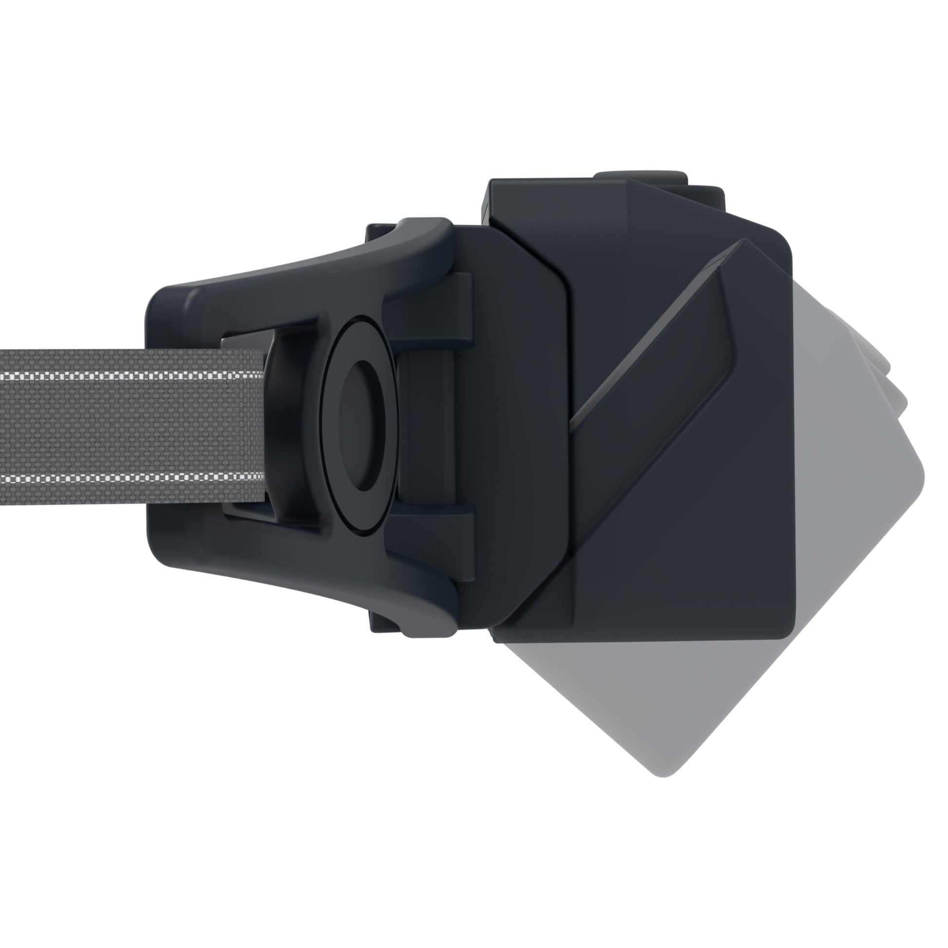 Black headlamp with a gray strap on a white background