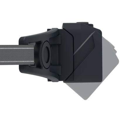Black headlamp with a gray strap on a white background