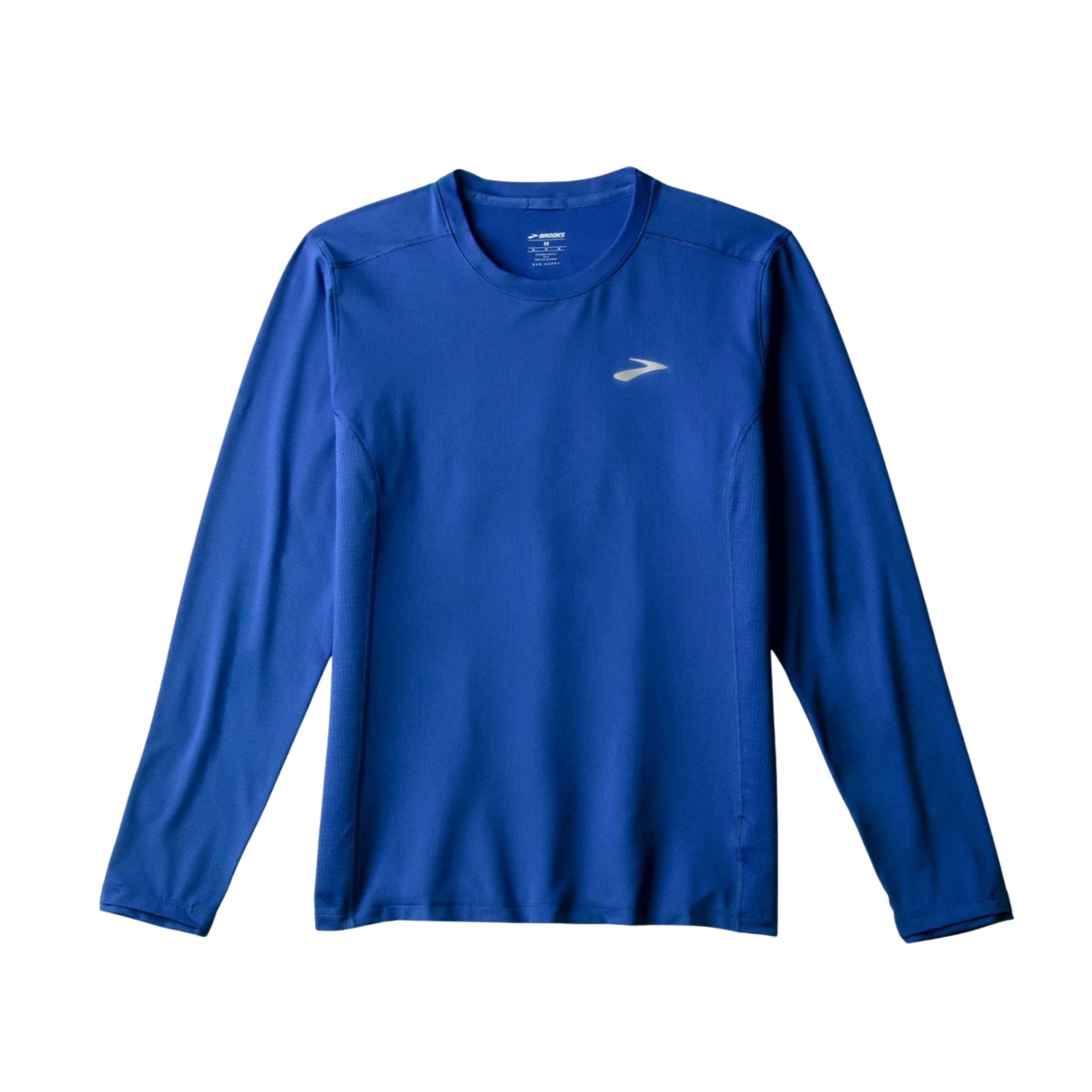 A blue Brooks long sleeve shirt on a white background