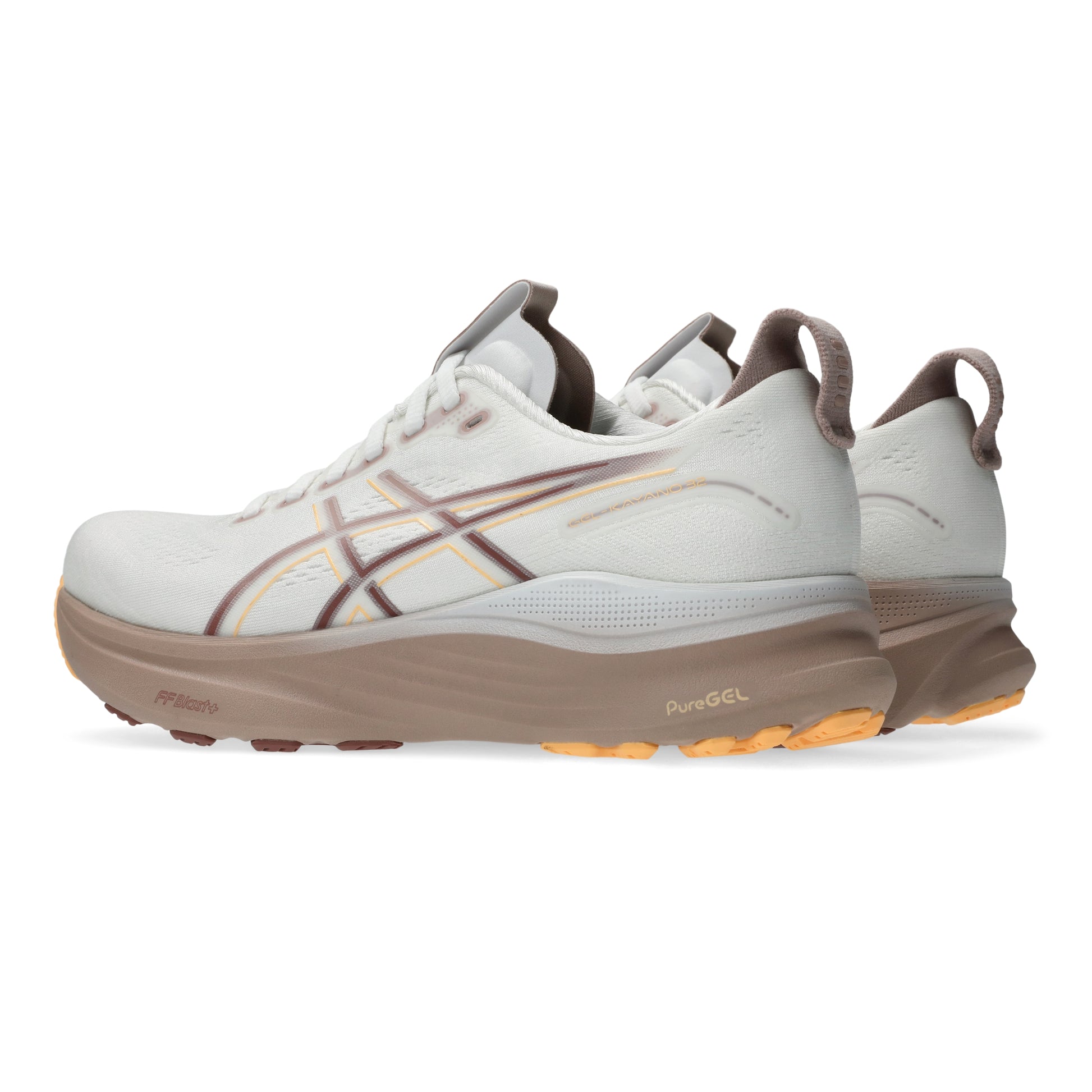 White and brown running shoe with visible brand logo on a white background