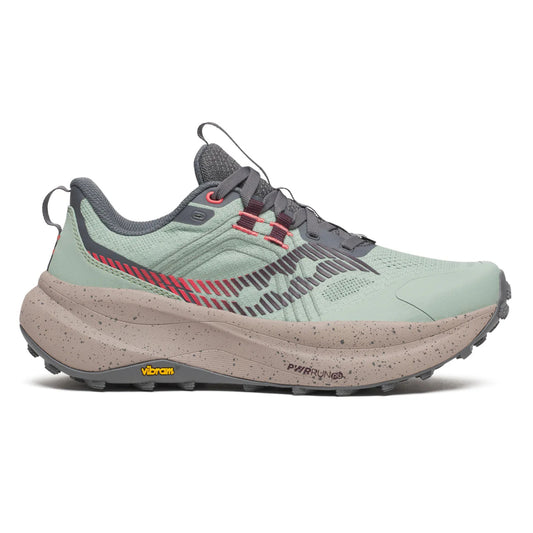 Light green and gray running shoe with red accents on a white background