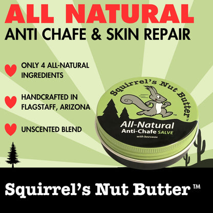 Squirrel's Nut Butter anti-chafe and skin repair salve with branding and product details on a green background.