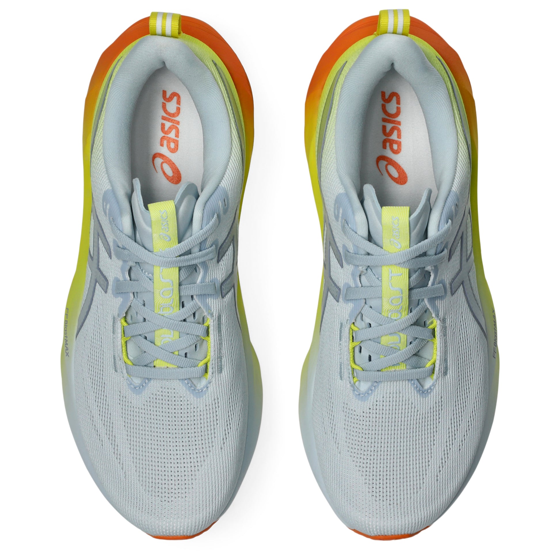 Pair of white and yellow Asics running shoes with orange accents on a white background