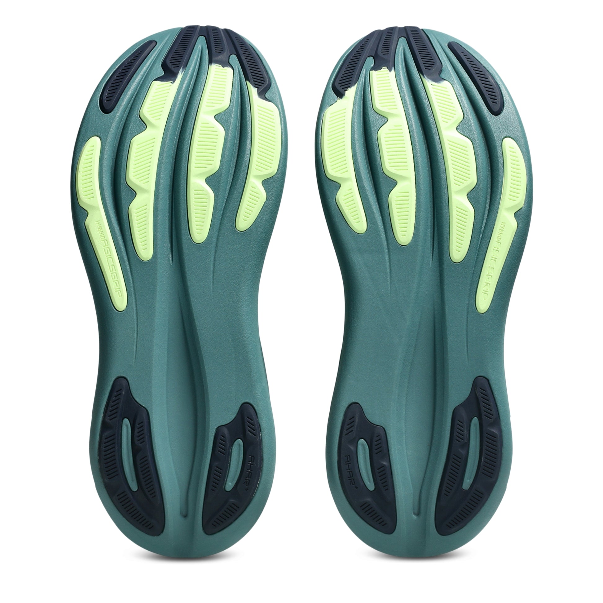 Bottom view of dark green asics running shoe soles on a white background