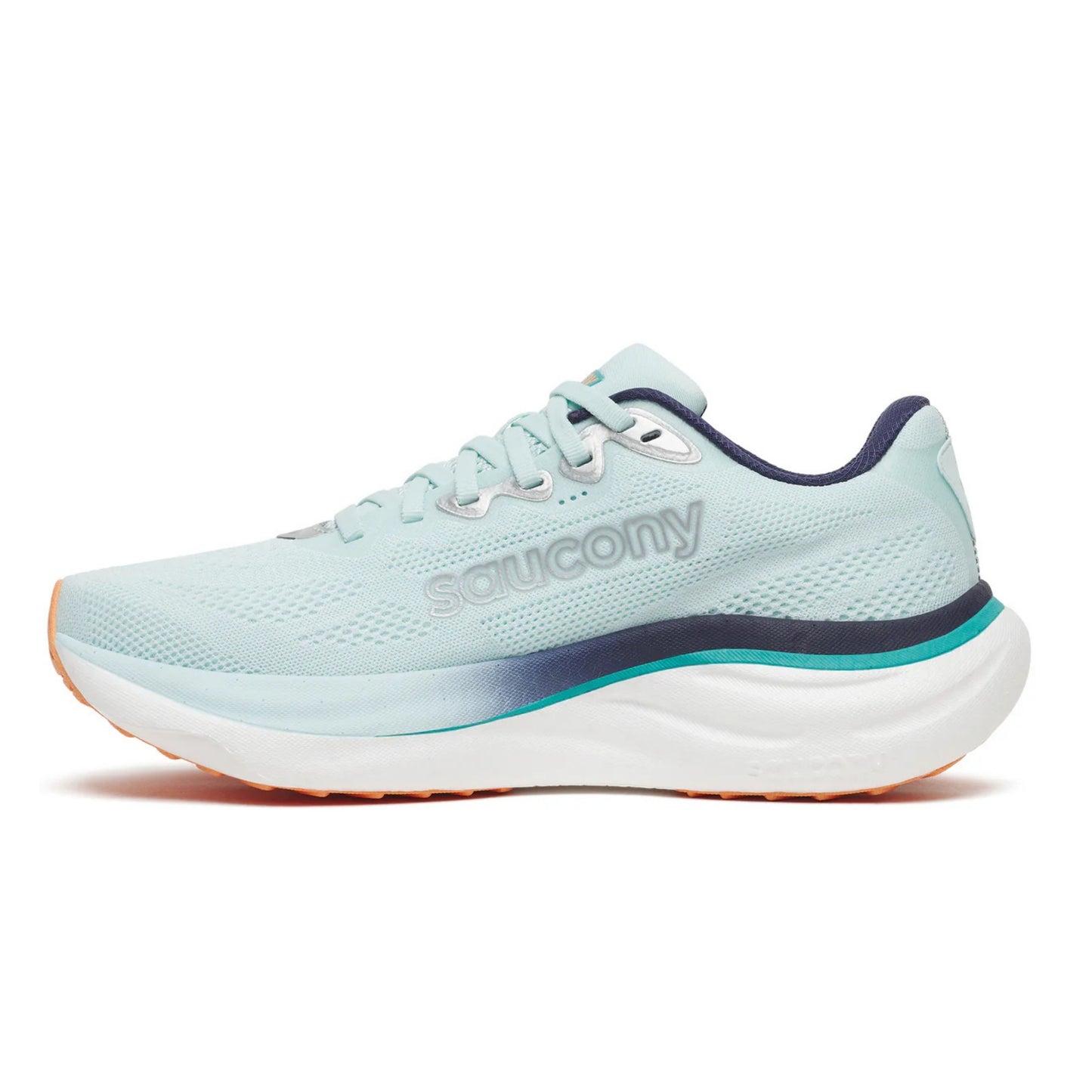 Light blue Saucony running shoe with dark blue accents on a white background