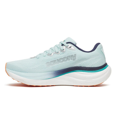Light blue Saucony running shoe with dark blue accents on a white background