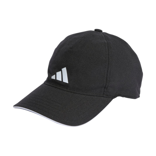 Black cap with white Adidas logo on a white background