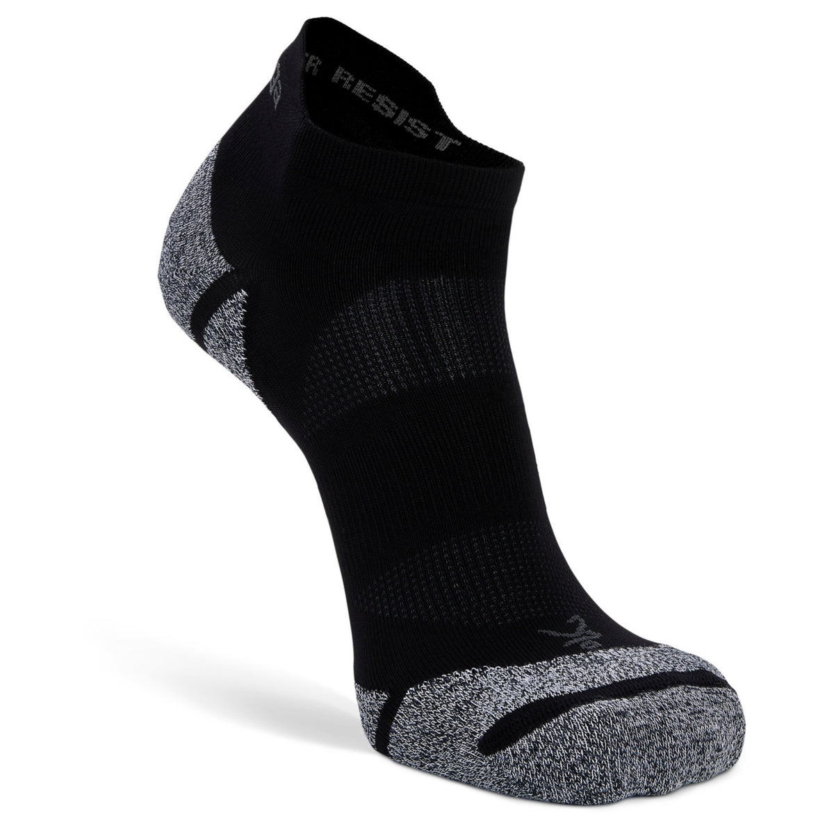 A single low-cut athletic sock in black with gray heathered knit panels on the heel, toe, and sole, shown on a white background. The brand name 'RESIST' is visible on the inner ankle.