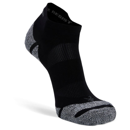 A single low-cut athletic sock in black with gray heathered knit panels on the heel, toe, and sole, shown on a white background. The brand name 'RESIST' is visible on the inner ankle.
