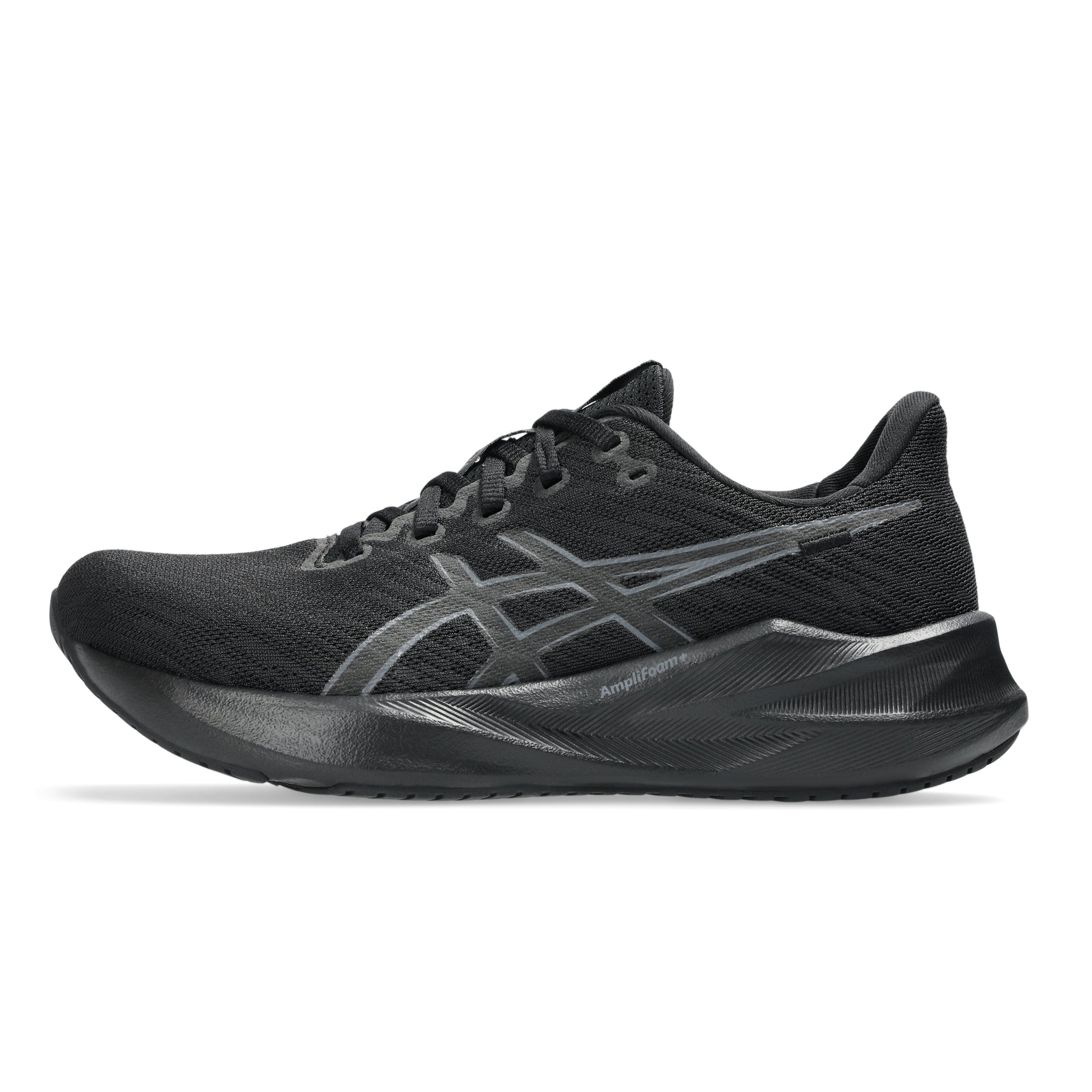 Black Asics running shoe with gray accents on a white background