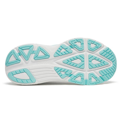 Close-up of a Saucony running shoe shoe sole with turquoise pattern on a white background