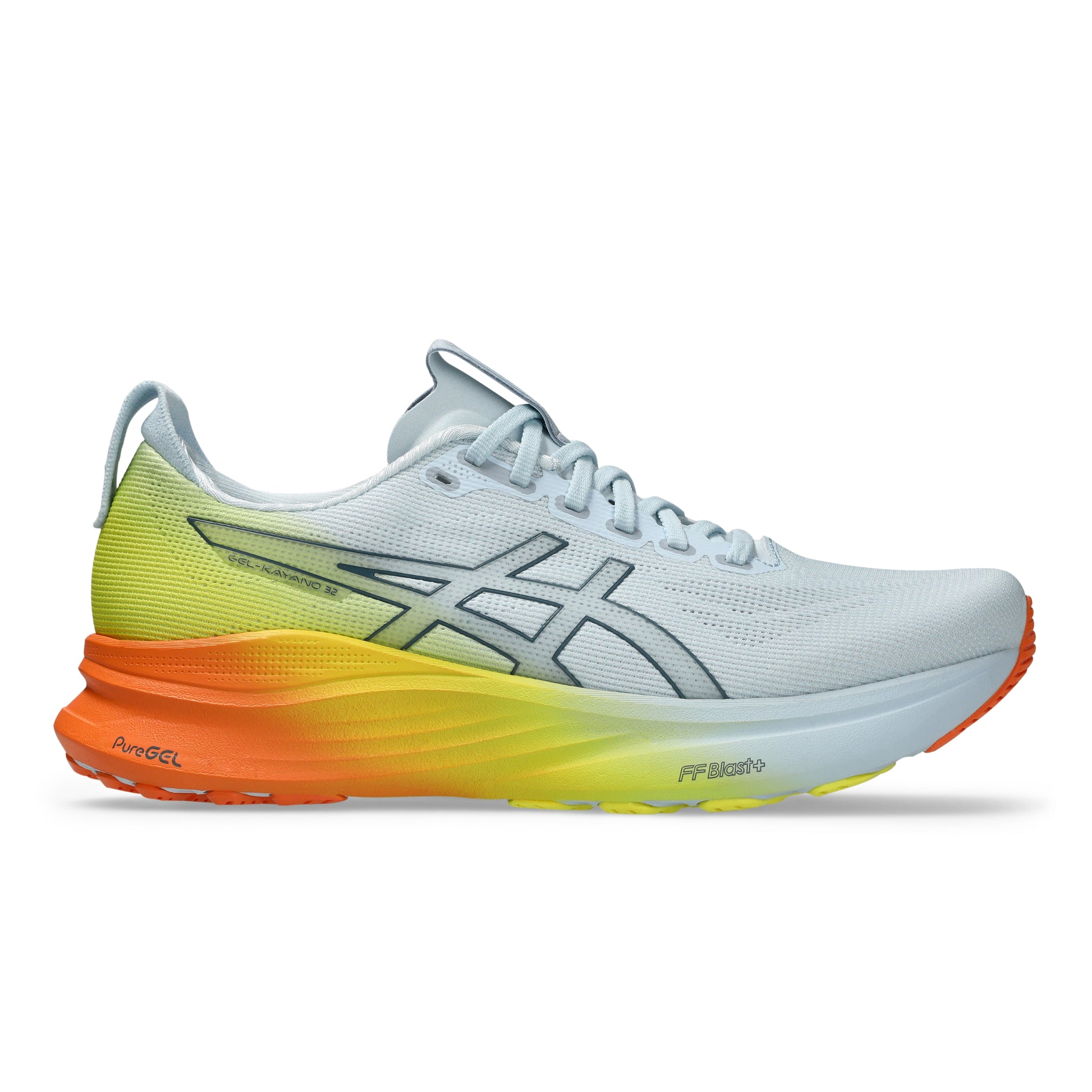 White and yellow Asics running shoe with orange accents on a white background