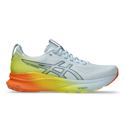 White and yellow Asics running shoe with orange accents on a white background
