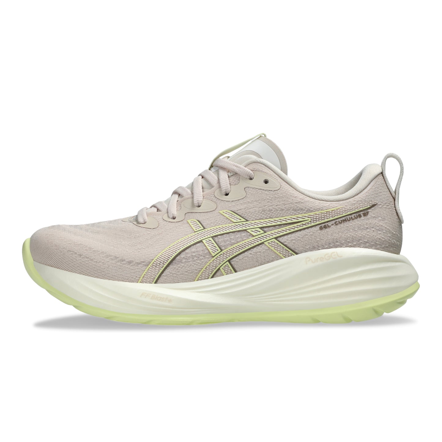 Beige running shoe with green sole on a white background