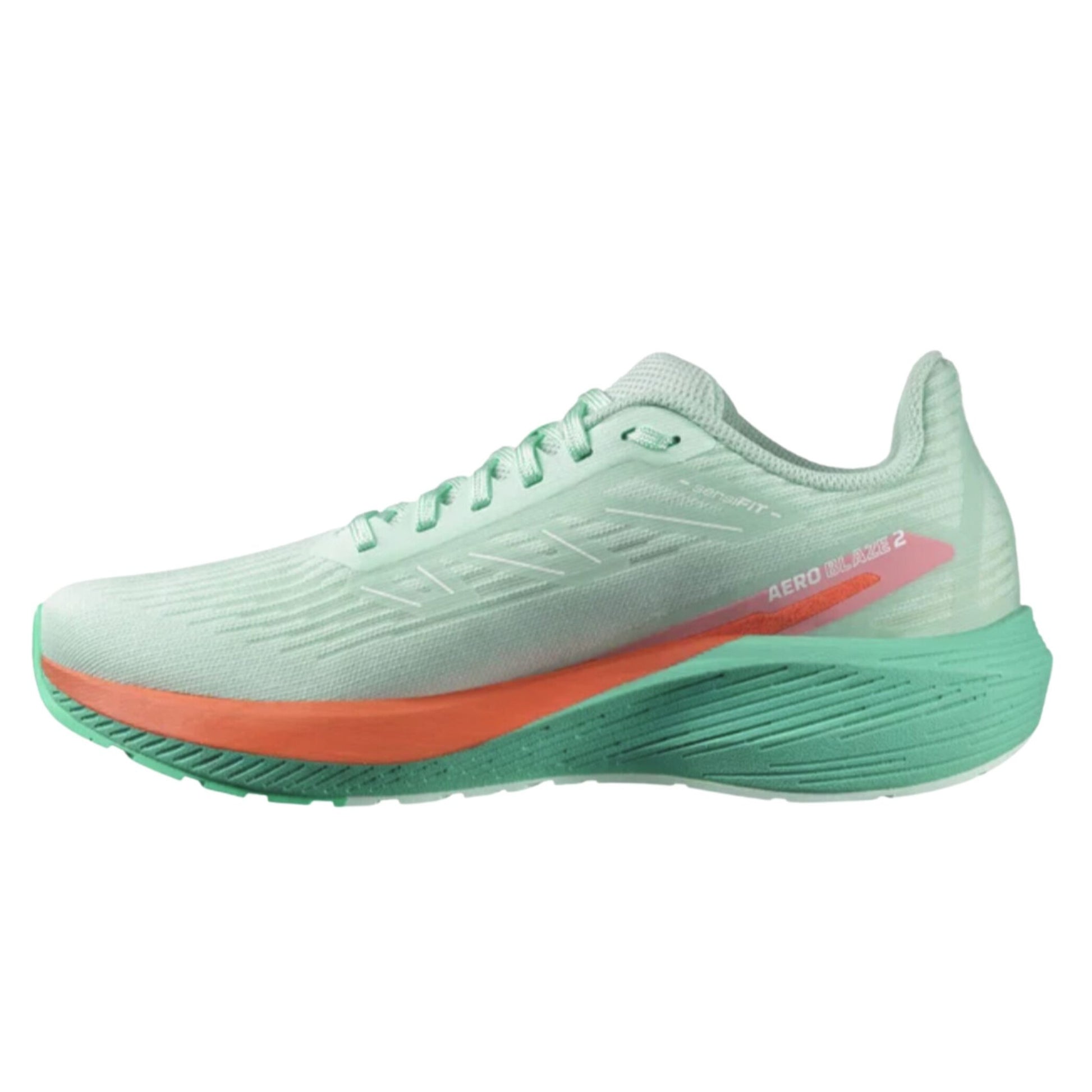 Light green running shoe with orange sole on a white background
