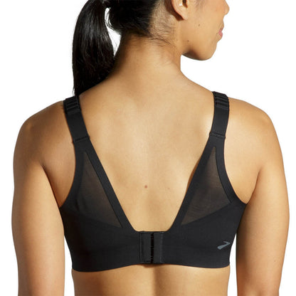Black sports bra worn by a person on a white background