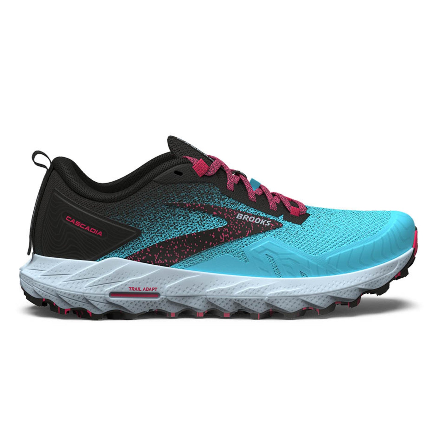 Blue and black running shoe with pink accents on a white background