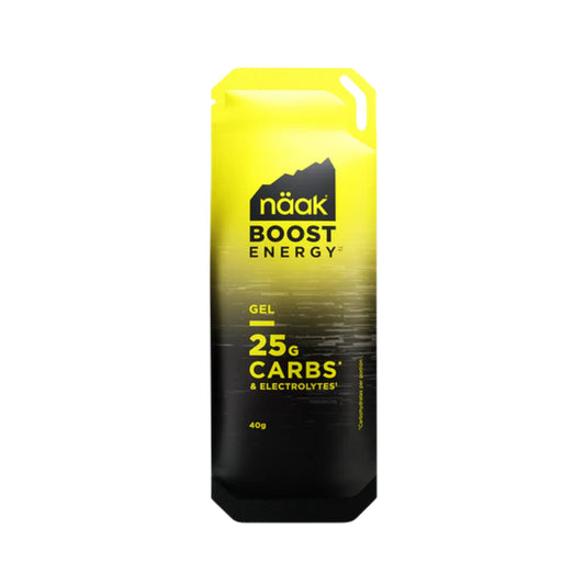 Yellow and black energy gel package with 'náak' branding on a white background
