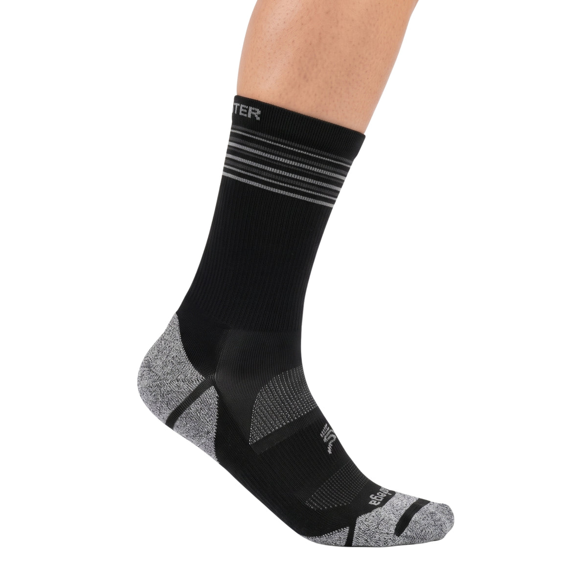 A black athletic crew sock with gray and white accents, shown on a model's foot against a plain white background.