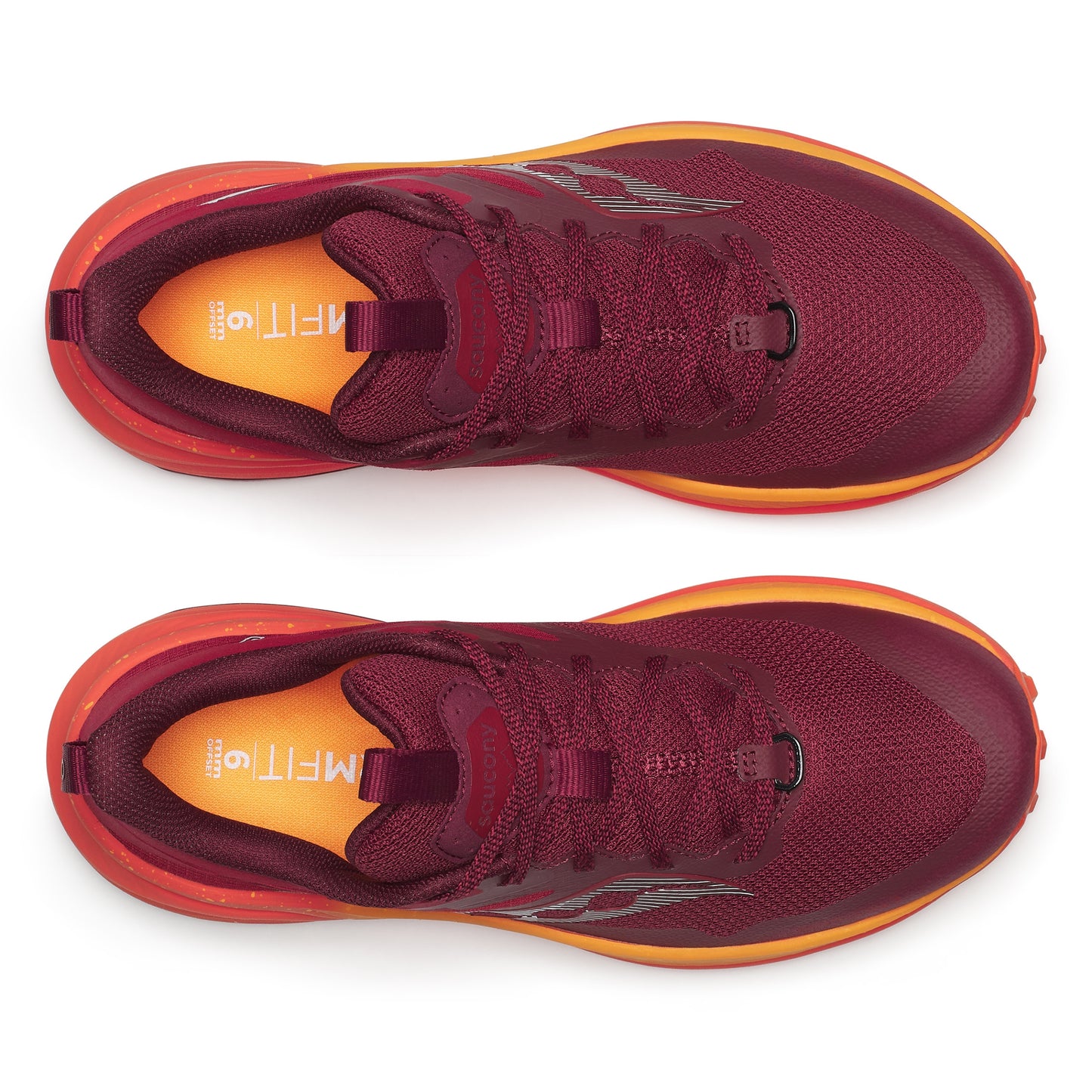 Maroon running shoes with orange soles on a white background