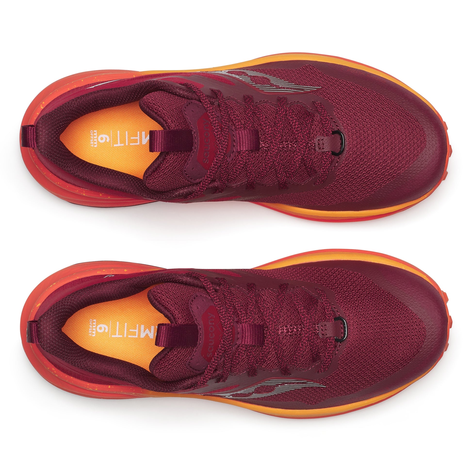 Maroon running shoes with orange soles on a white background