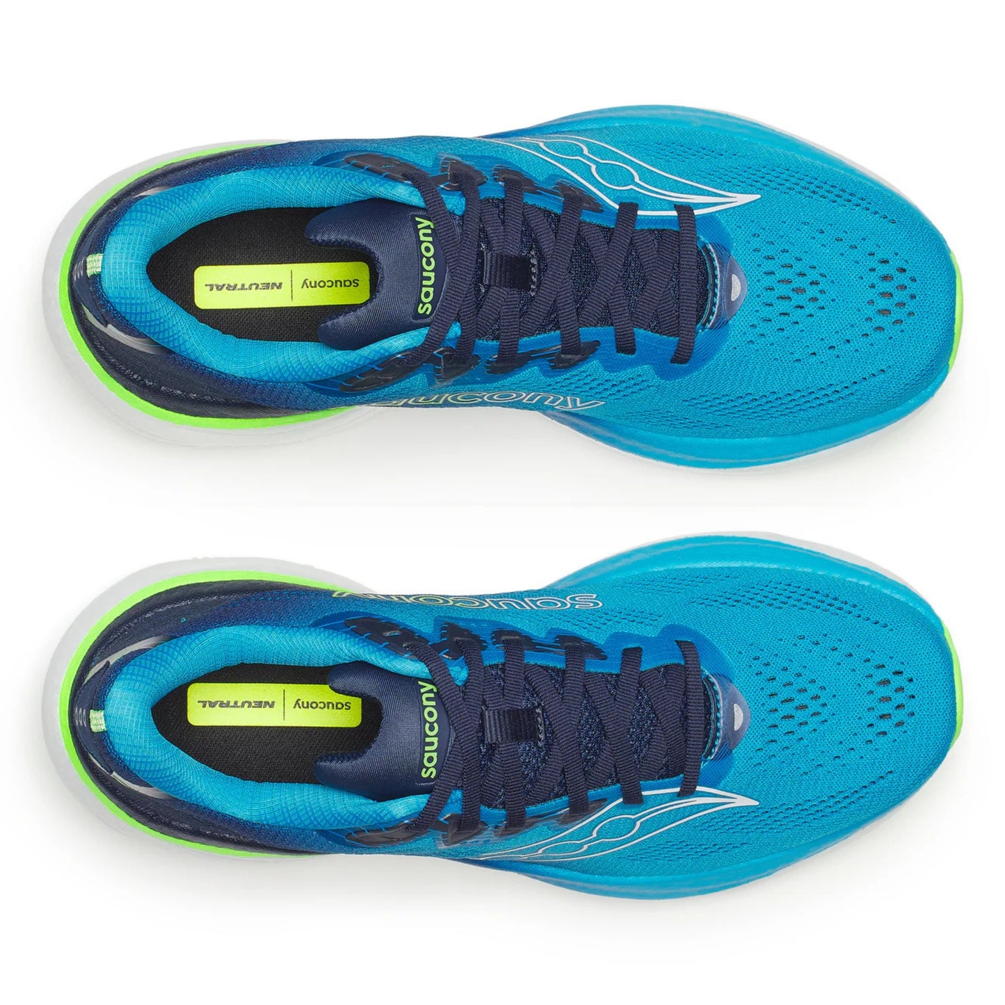 Blue running shoes with black laces on a white background