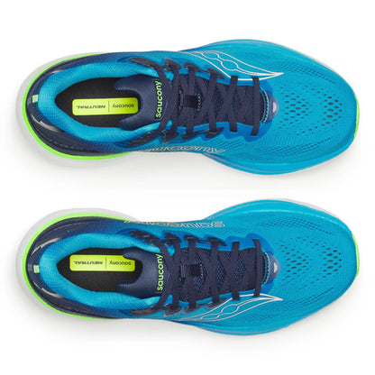 Blue running shoes with black laces on a white background
