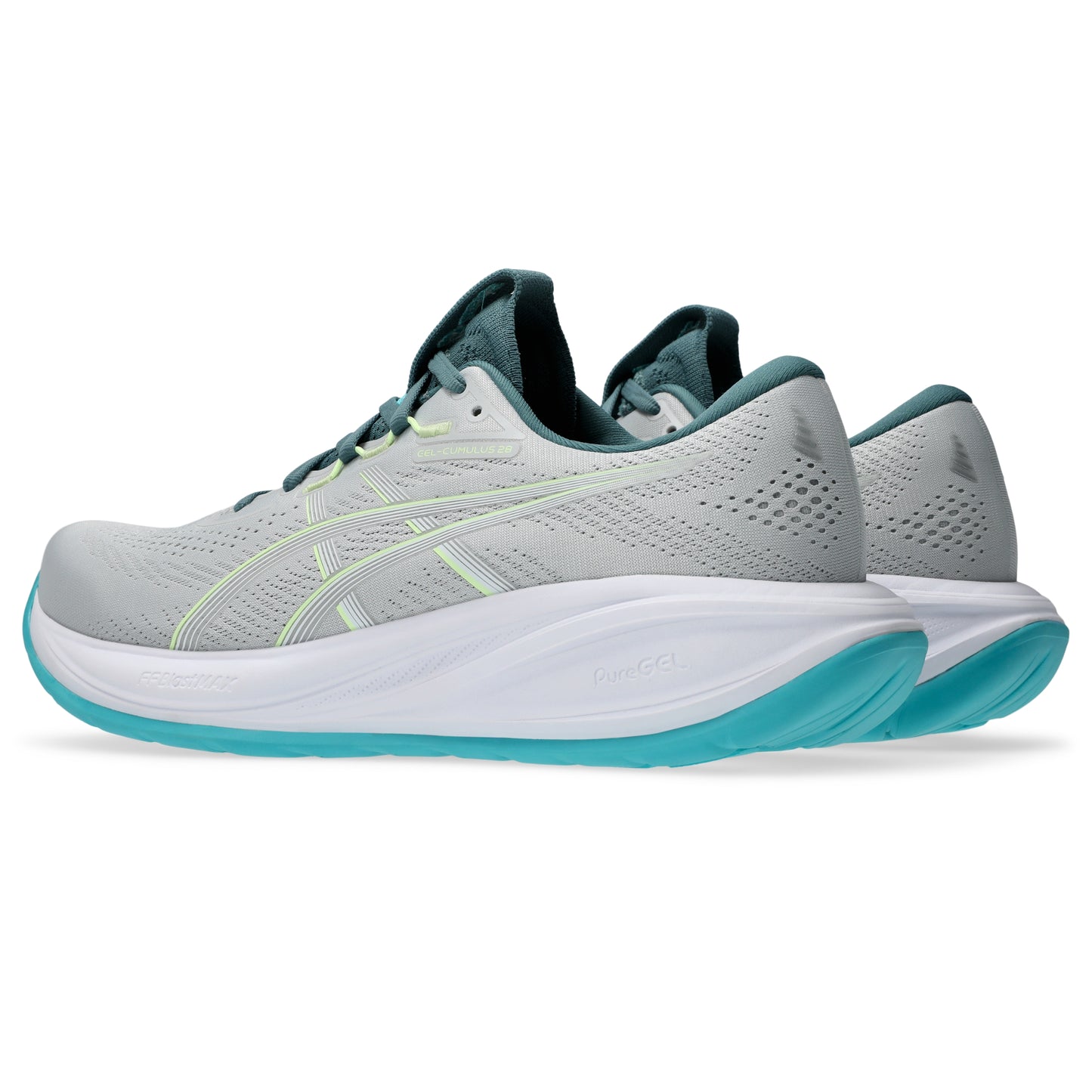 Gray and teal Asics running shoes on a white background