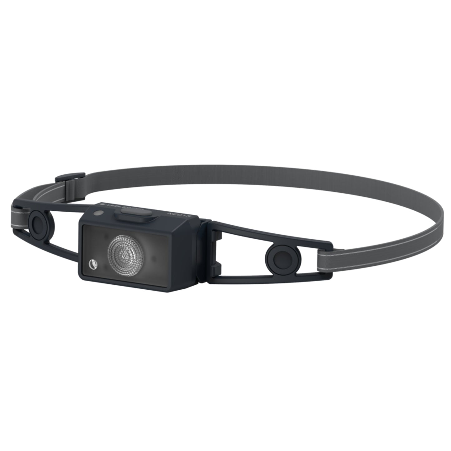 Black headlamp with adjustable strap on a white background
