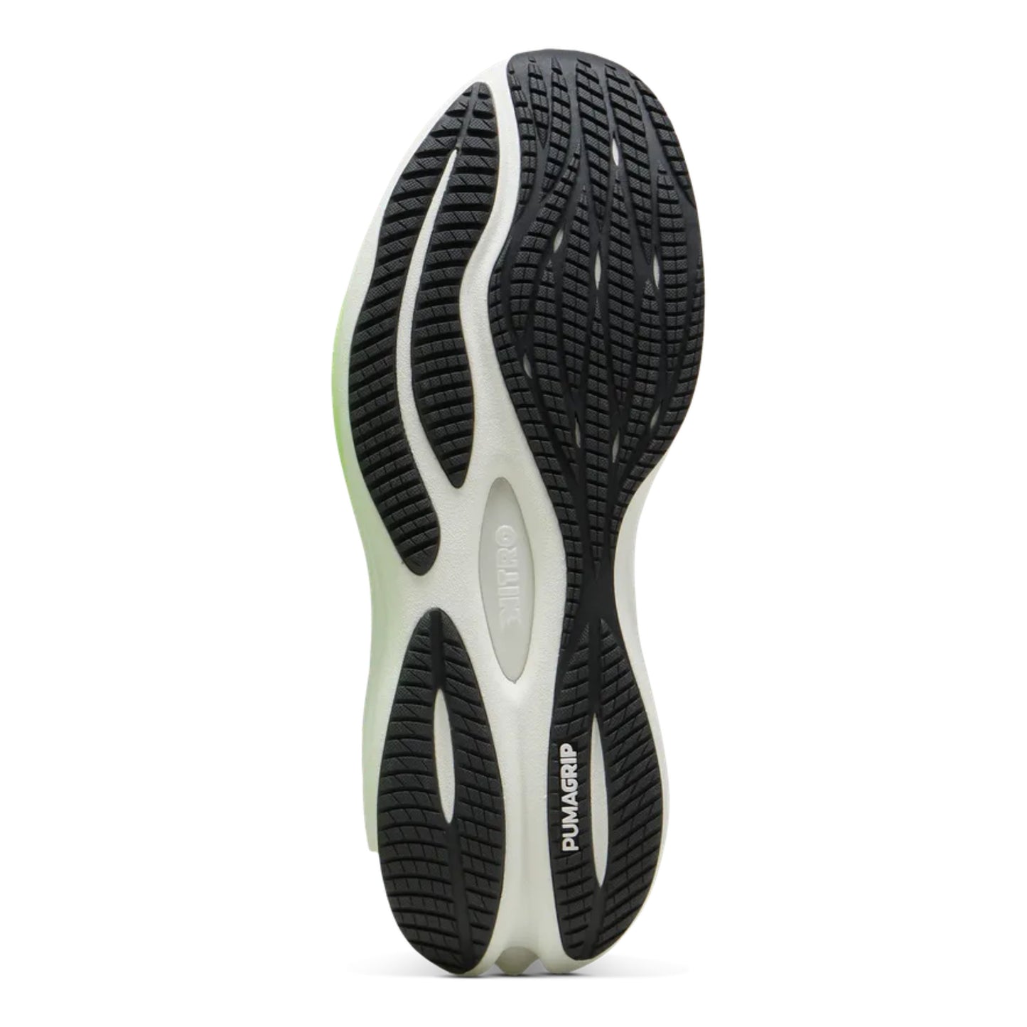 Close-up of a running shoe sole with 'PUMAGRIP' branding on a white background