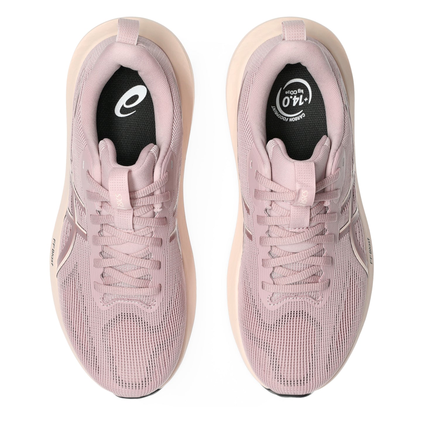 Pair of pink running shoes with visible brand logos on a white background