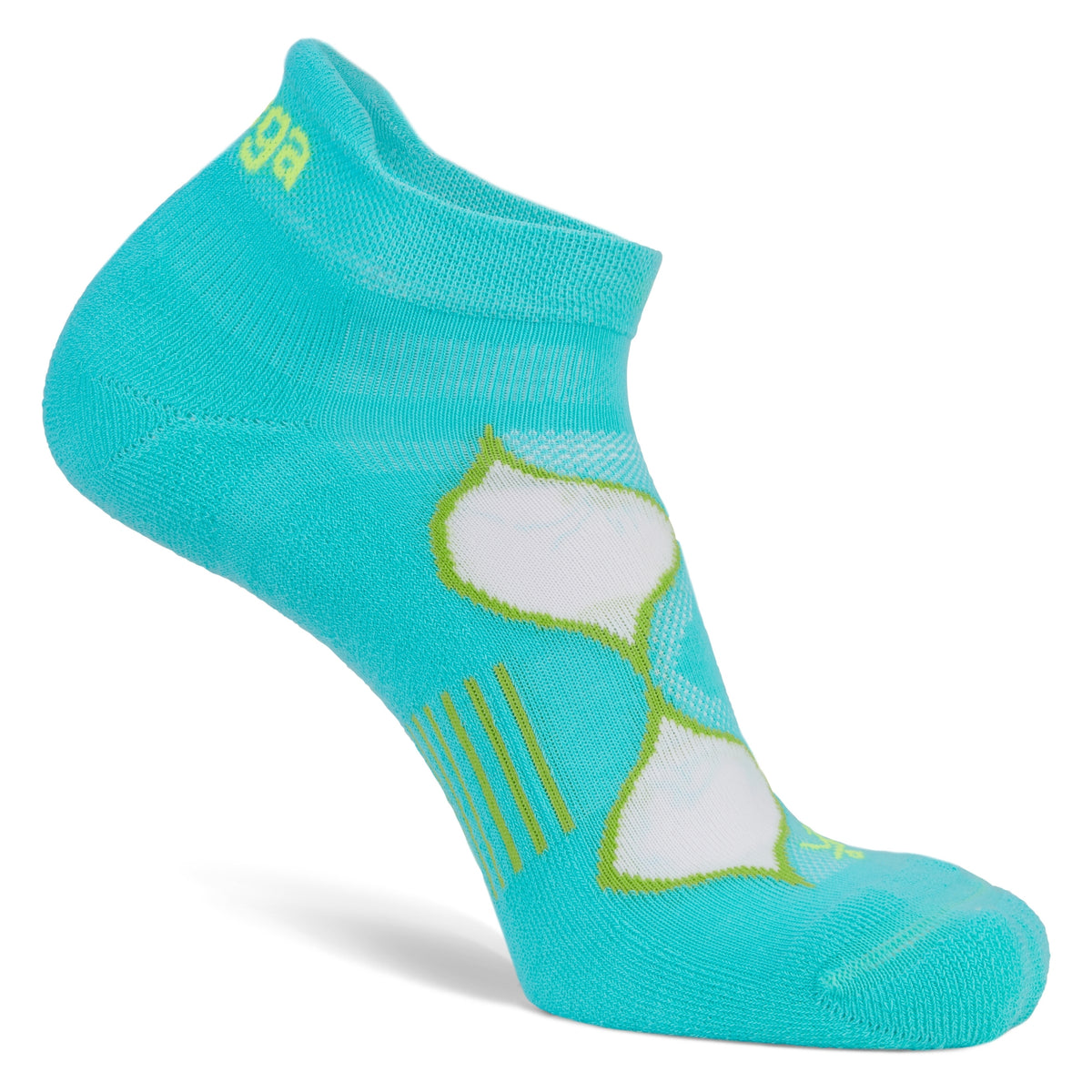 Turquoise ankle sock with white and green design on a white background