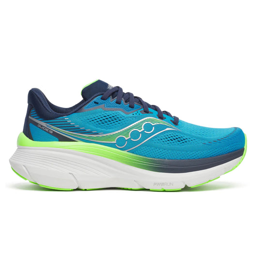 Blue and green Saucony running shoe with white sole on a white background