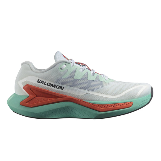 Salomon running shoe with white, red, and green design on a white background