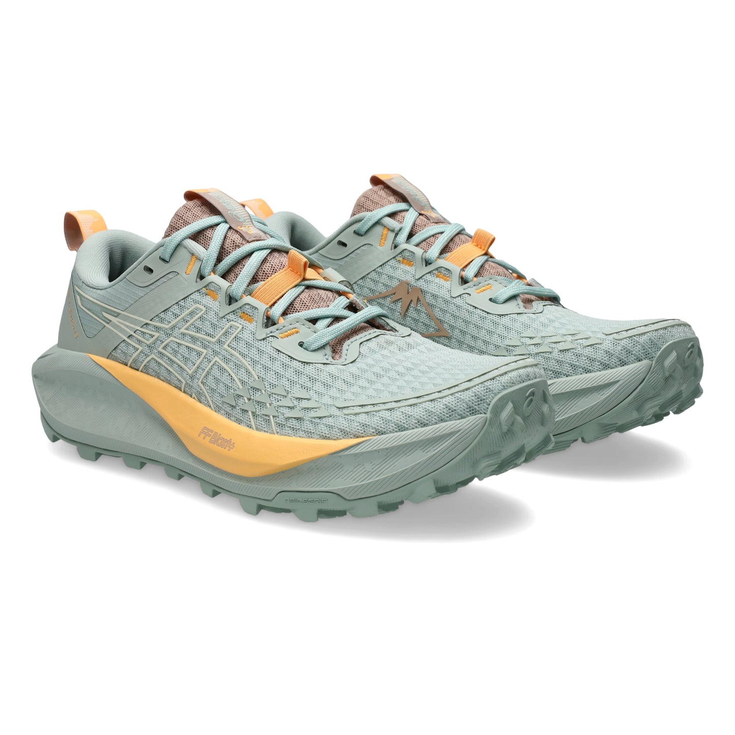 Asics running shoe with green and warm yellow tan accents 