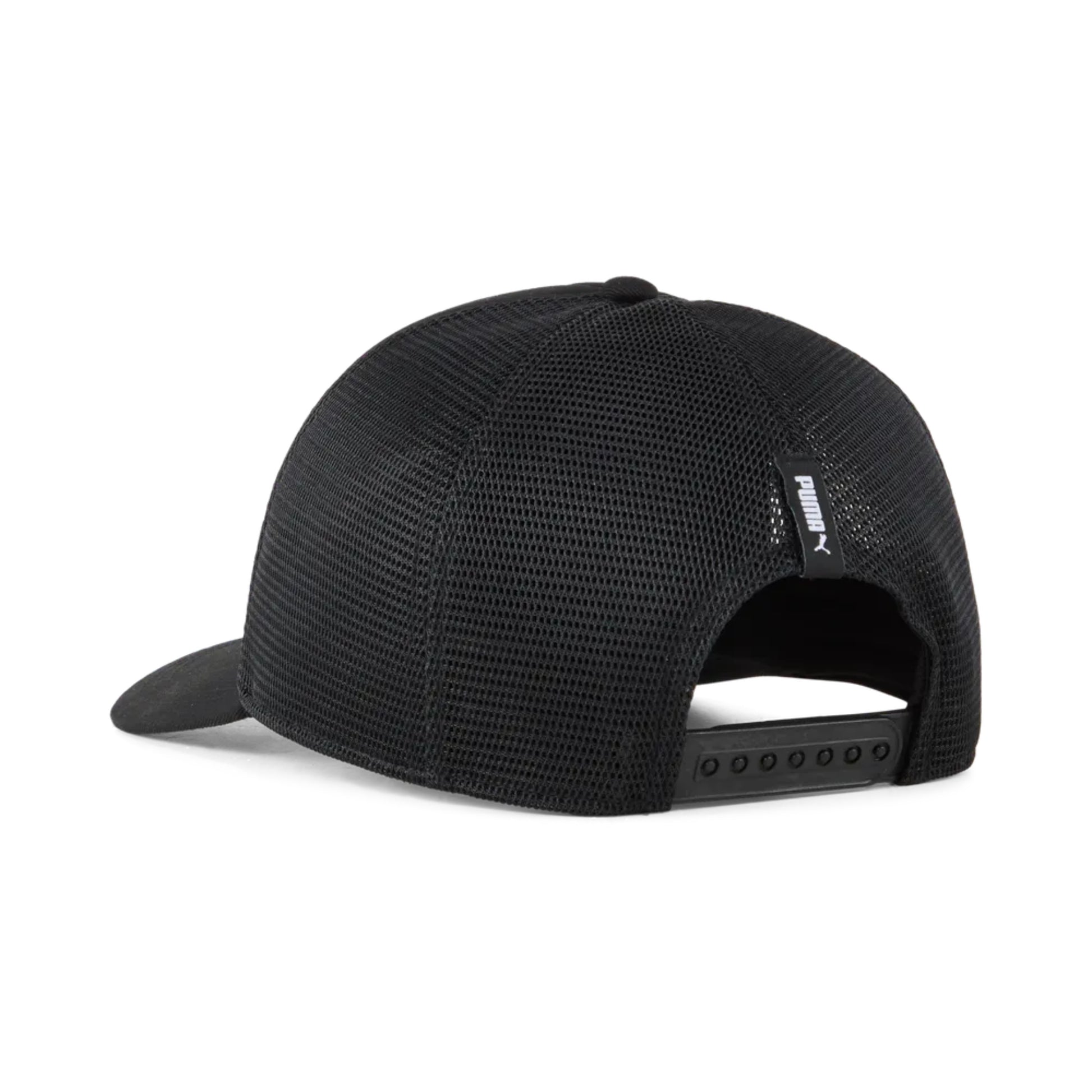 Black Puma mesh cap with Puma logo on a transparent background