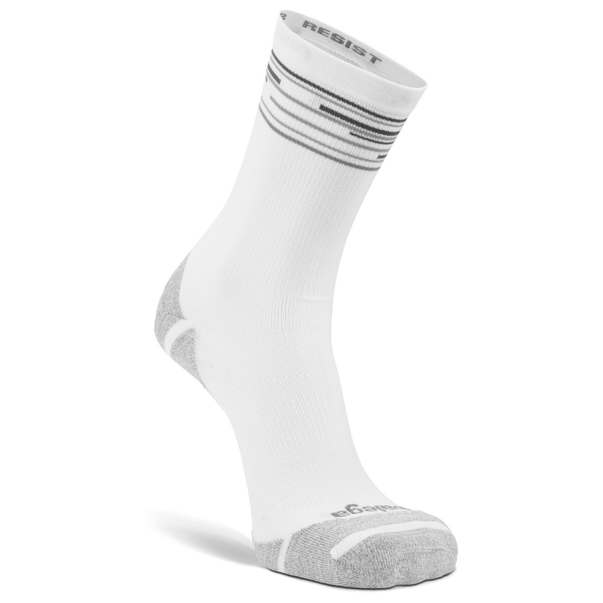 A single white athletic crew sock with gray heel and toe accents, featuring horizontal gray stripes near the ribbed cuff and the brand name 'RESIST' printed on the top.