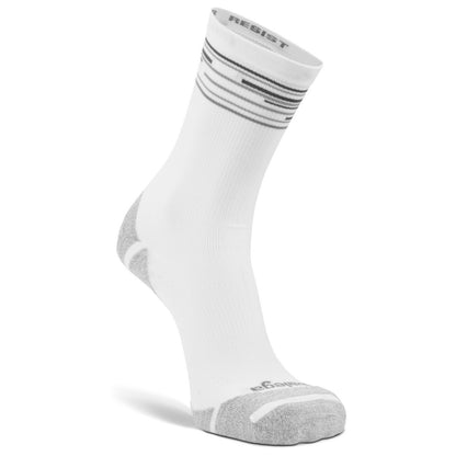 A single white athletic crew sock with gray heel and toe accents, featuring horizontal gray stripes near the ribbed cuff and the brand name 'RESIST' printed on the top.