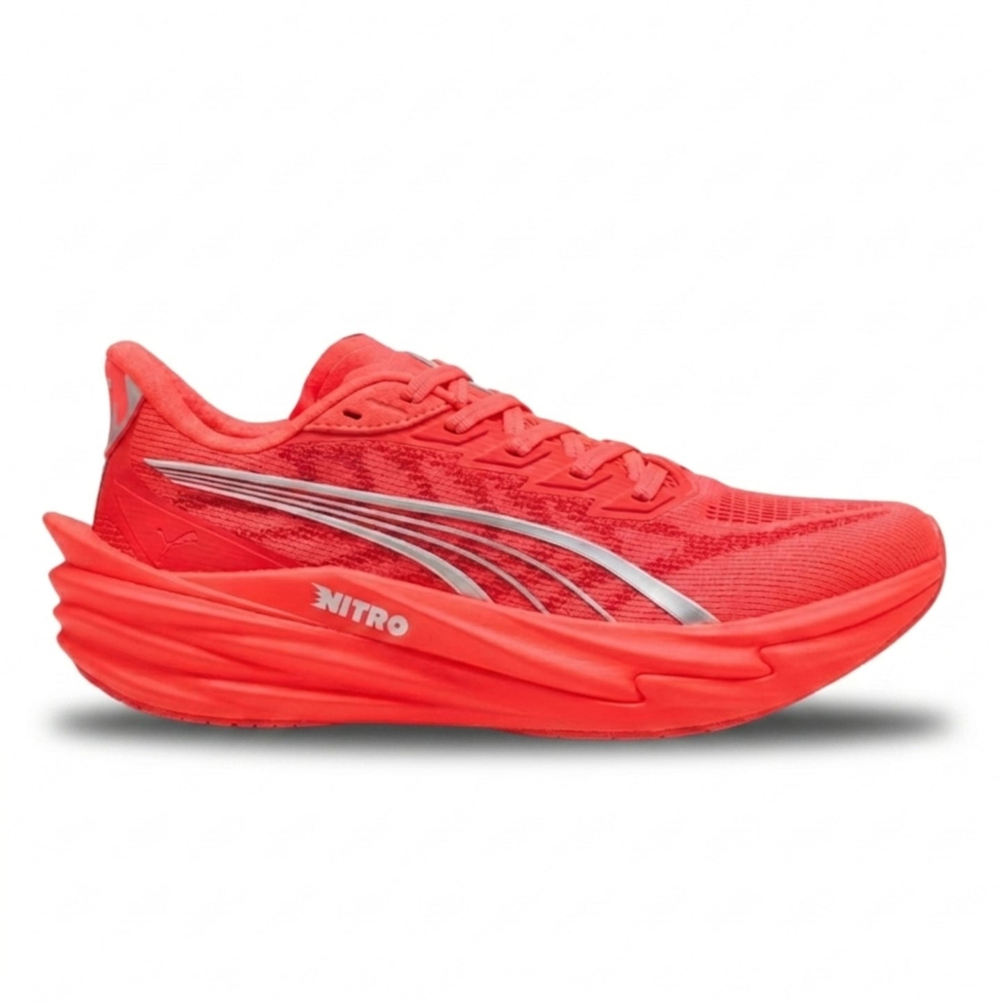 Red Puma running shoe with 'Nitro' branding on a white background