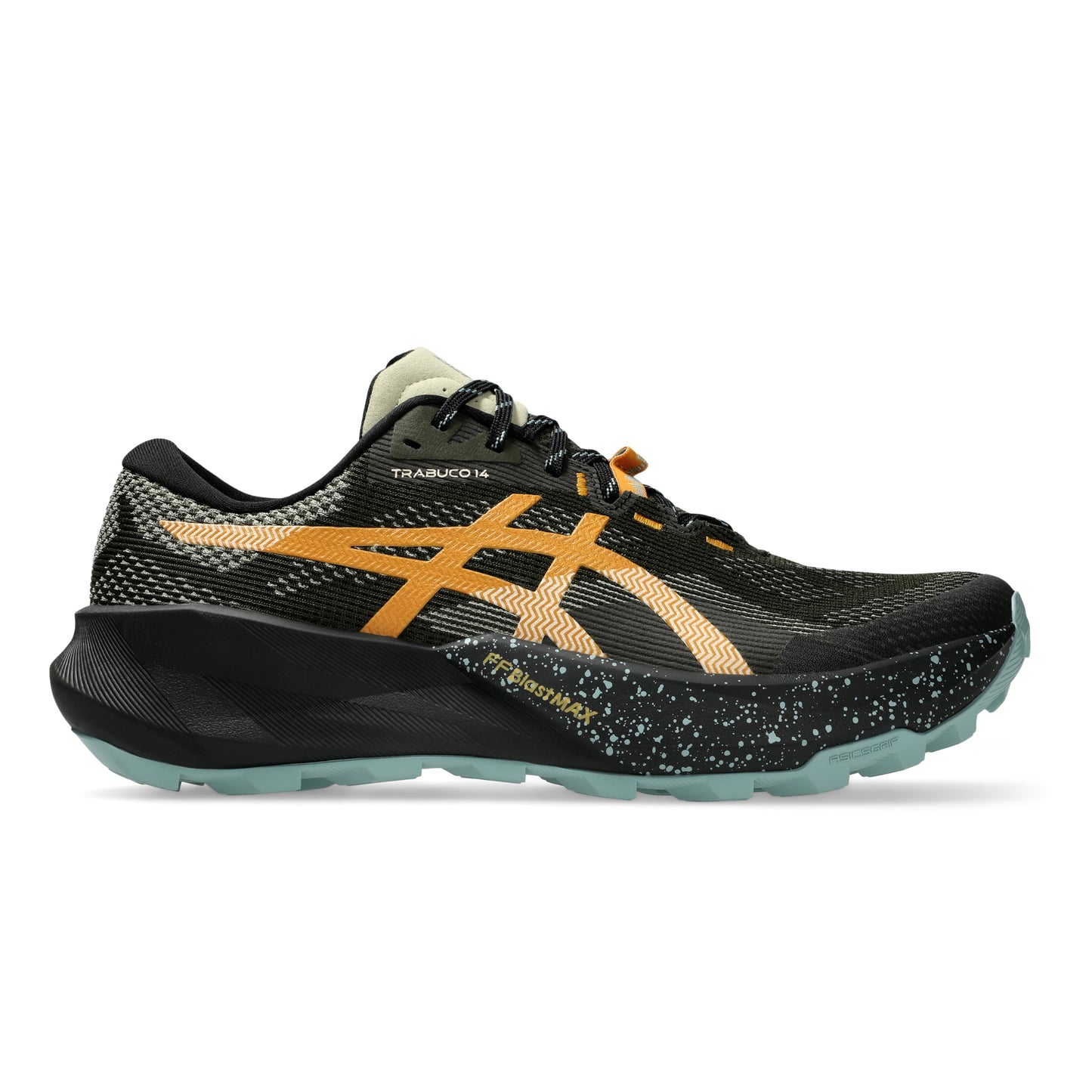 A black Asics trail running shoe with a textured orange stripe, black and white speckled midsole, and a light teal outsole, shown in a side profile on a white background.